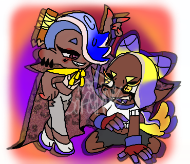 halloween-themed fanart of shiver and frye from splatoon. shiver is dressed as a vampire and holding a leash that's connected to frye, who's dressed as a werewolf. they're both looking at each other and smiling :]