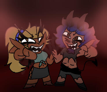 my ocs taryn (left) and nimbus (right). they're pointing at the camera/viewer and smiling confidently.