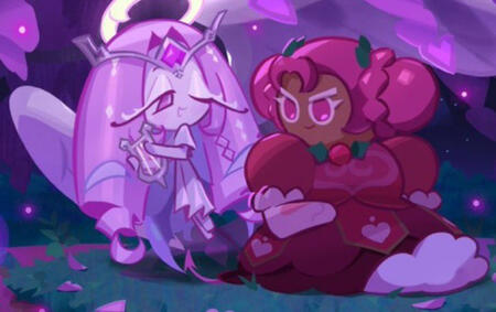 promo art of eternal sugar cookie and hollyberry cookie from cookie run kingdom (paradise of passion and sloth update)