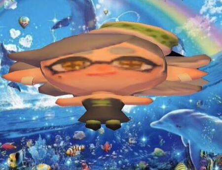 marie splatoon with the symphony meme background behind her (rainbows, sea imagery, dolphins, sparkles, ect)